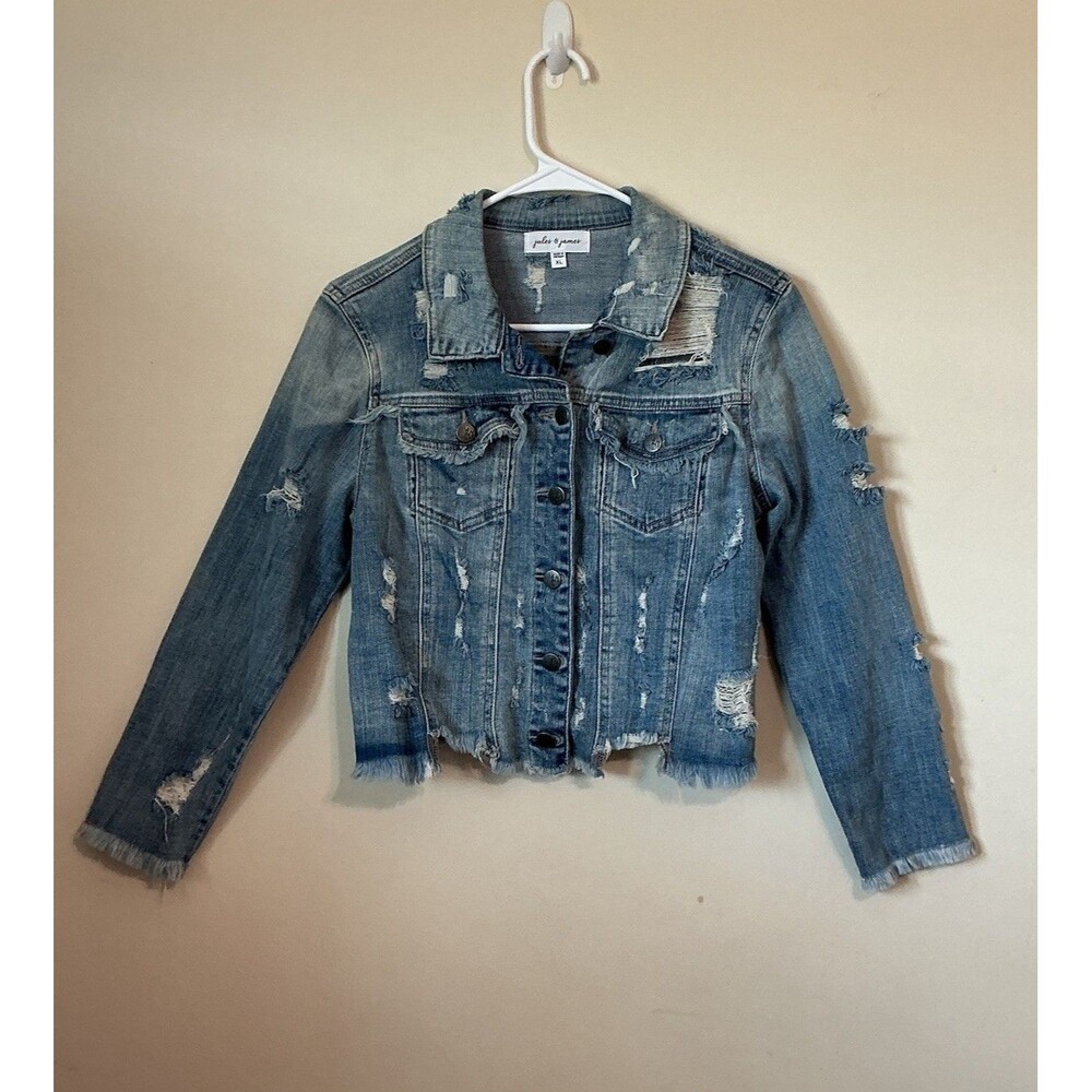 Jules & James Youth Girls XL Denim Jacket Distressed Button Down